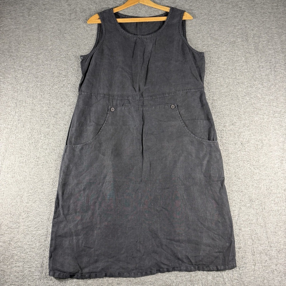 Vtg Russ Berens Linen Dress Size M Black Sleeveless Pockets Lagenlook Resort USA